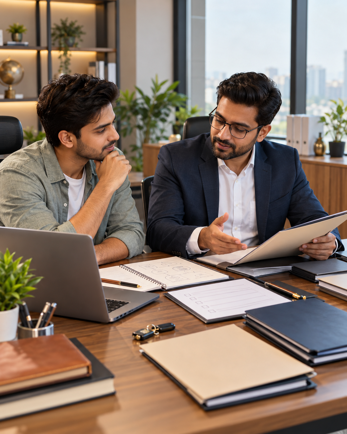 Founders discussing a new business setup with a consultant